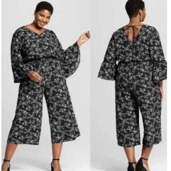 Ava & Viv Size X 14W Romper Black & White Floral Jumpsuit Romper Crop Pants - Picture 1 of 9